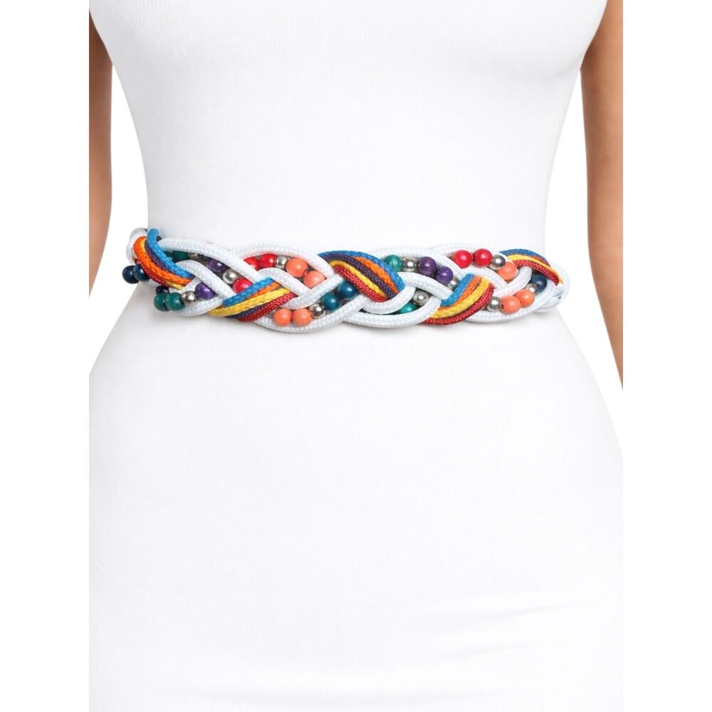 Vintage Bungee Colorful Woven Rope Beaded Belt Hook Closure Boho Statement